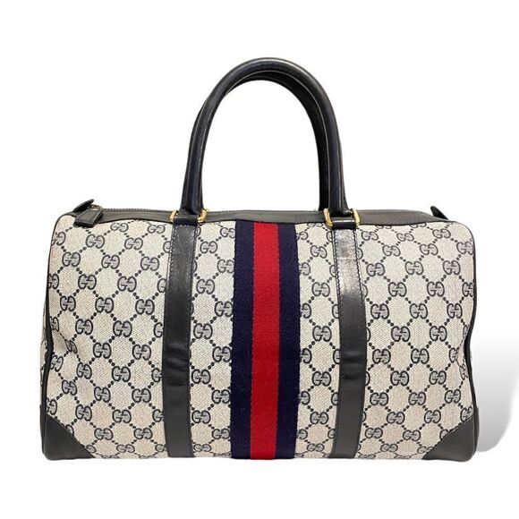 ❤️SOLD❤️GUCCI Vintage Sherry Line Navy Blue Monogram Tote - Picture 1 of 14